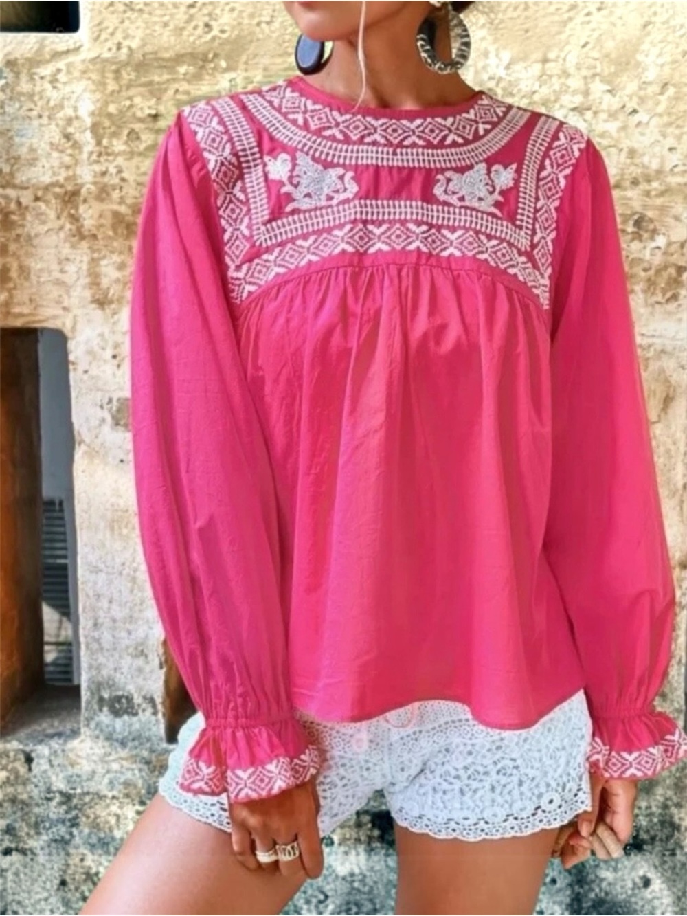 Zara Embroidered 100% Cotton Boho Peasant Blouse in Fuchsia Pink Size Medium